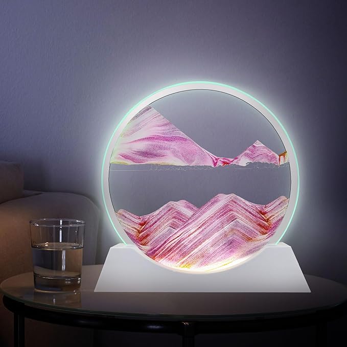 Aoderun 12" Moving Sand Art Liquid Motion with Light 3 Color Changing Moving Sand Art Picture Round Glass 3D Deep Sea Sand Art Sandscapes for Adult Relaxing Toys Desktop Home Office(Pink)