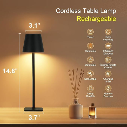 Cordless Table Lamp with Timer 2 Pack, Czgor Rechargeable 5200mAh Battery Operated Lamp with Remote, Adjustable Heights, 3-Color Stepless Dimming, Small LED Table Lamp for Bedroom Dining Office(Black)