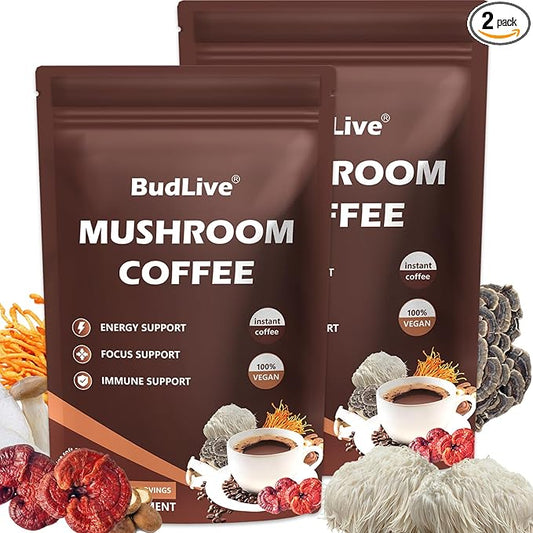 Mushroom Coffee - Instant Coffee Powder with Organic Lion’s Mane, Reishi, Cordyceps, Turkey Tail, King Trumpet & Shiitake, Energy, Focus, Digestion & Immune Support, 30 Servings