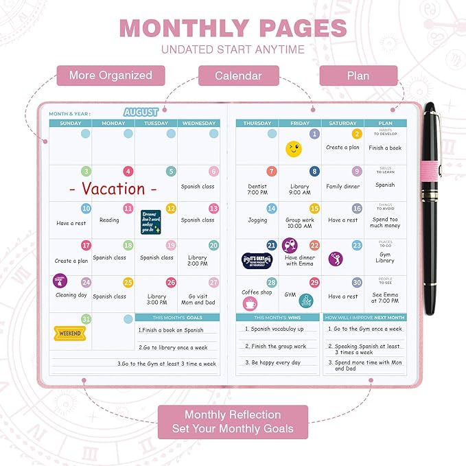 2025-2026 Undated 12 Month Planner Hardcover (5.5x8.5") - Weekly & Monthly Academic Life Organizer, Productivity Journal, Thick Paper, Sticker, Bookmark, Pen Loop(Pink)