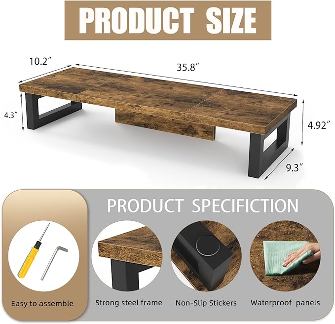 WESTREE Dual Monitor Stand Riser, Wood and Steel Monitor Stand Riser, Computer Monitor Stand for 2 Monitors, Multi-Purpose Desktop Storage Stand for Computer,Laptop,Printer,TV