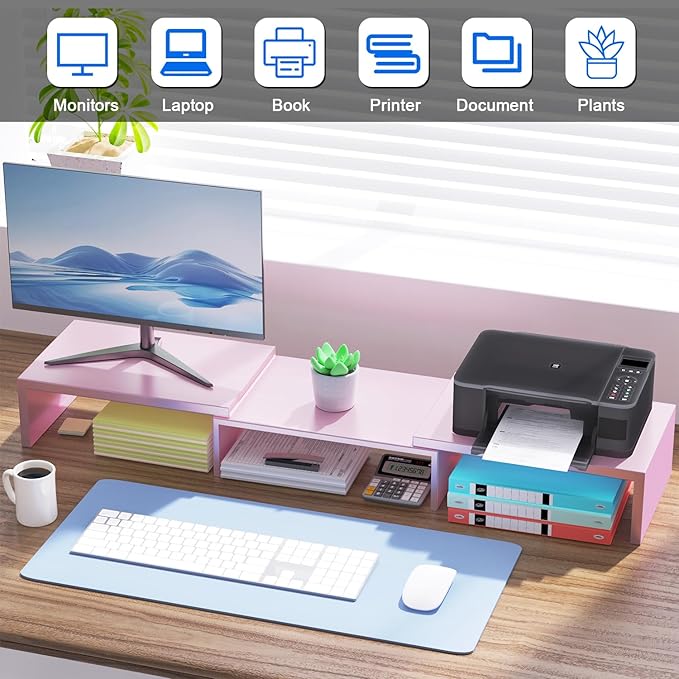 Dual Monitor Stand for Desk, Metal Monitor Riser, Pink office Supplies and Accessories (Pink)