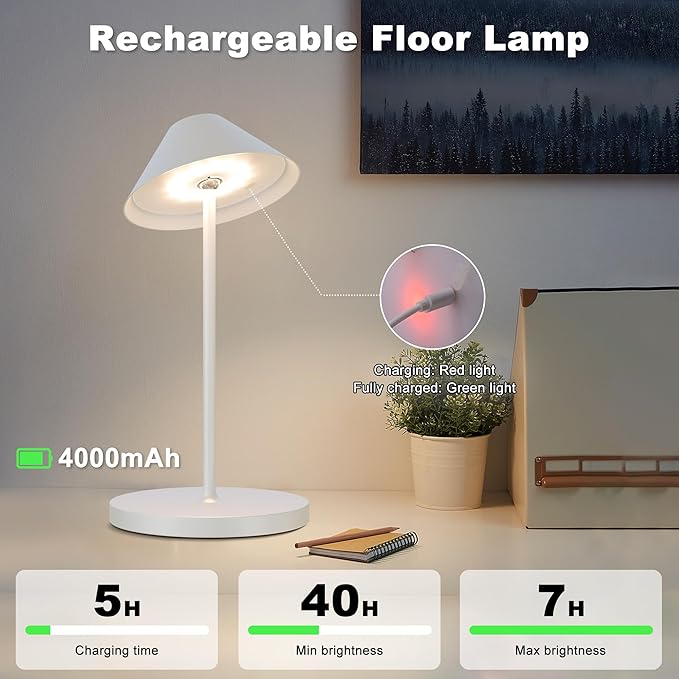 Rechargeable Floor Lamp for Indoor/Outdoor, Cordless Tall Standing Lamp with 3 Color Temps & Dimmable, IP43 Waterproof, Adjustable Height 16-59 Inch, LED Floor Lamp for Living Room, Bedroom, Patio