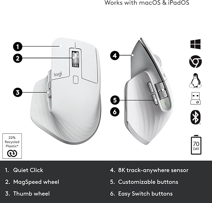 Logitech MX Master 3S Wireless Mouse Standard Edition with Logi Bolt USB Receiver, Ultra-fast Scrolling, Ergo, 8K DPI, Track on Glass, Quiet Clicks, USB-C, Bluetooth, Windows, Linux, Chrome- Pale Grey