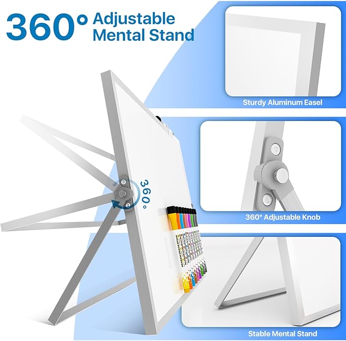 Dry Erase White Board with Stand,Double-Sided Weekly Whiteboard 12"x16", 10 Markers, 6 Magnets, 1 Eraser, Portable Desktop Whiteboard for Planning,Weekly Schedule Board for School for Home