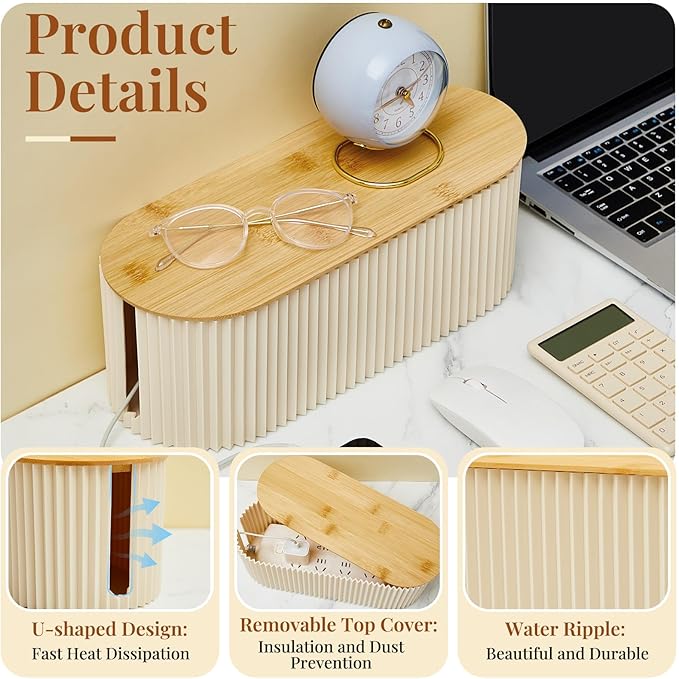 Marsui 2 Pcs Cable Management Box Cord Hider Organizer with 46 Pcs Cable Management Kit Wire Box for Power Strips Surge Protectors Desk TV Computer Wires Home Office(Frost White, Wood Color)