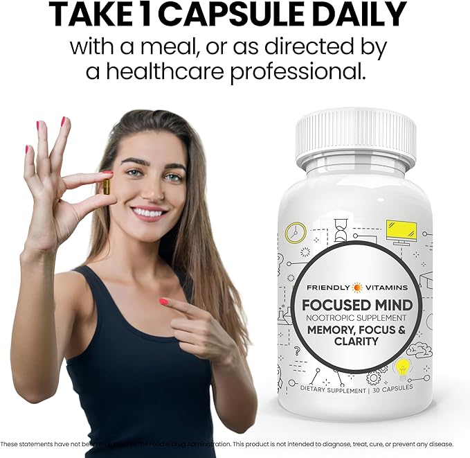 Focused Mind – Daily Brain Supplement for Memory and Focus Support | Nootropic for Concentration, Mental Clarity, and Brain Energy | Cognitive Supplement for Work, School, or Everyday Demands