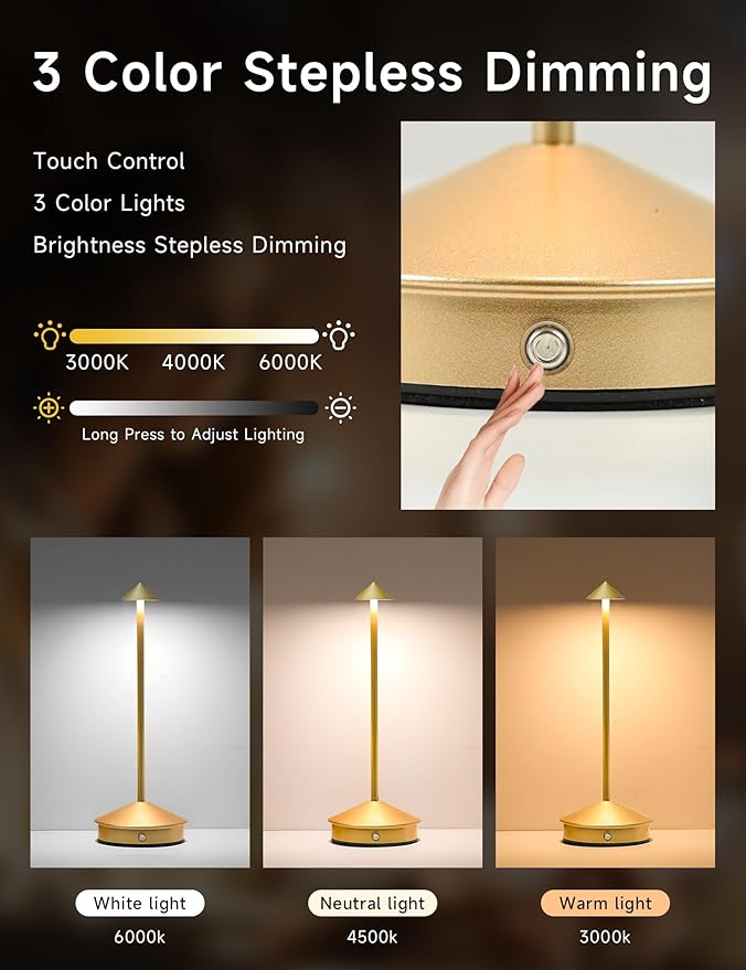 Cordless Table Lamps,LED Rechargeable Desk Lamp,Portable Modern USB Battery Operated Lights,Outdoor Waterproof Touch Dimmable,for Patio,Restaurant,Bar,Camping,Dining Home Set of 2 Gold