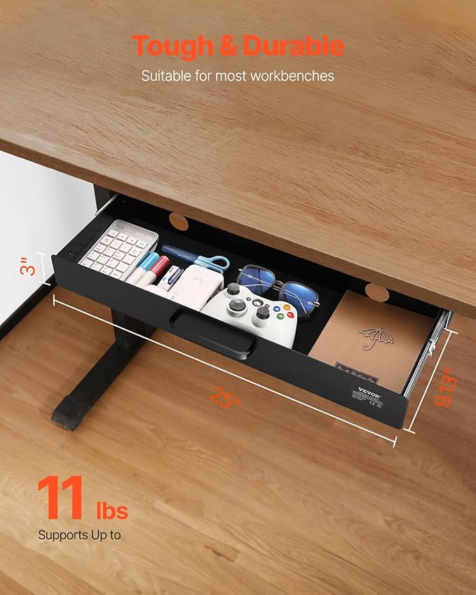 VEVOR Under Desk Drawer Slide Out, 22 inch Under Desk Mounted Pull-out Drawer Attachment, Hidden Under Counter Drawers for office Home Sit Stand Workstation, Black