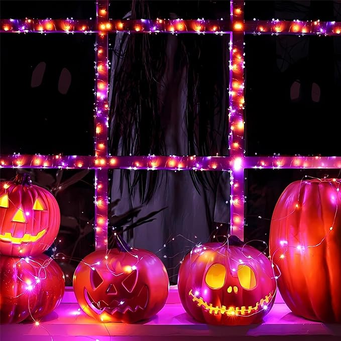 66Ft 200 LED Halloween Fairy Lights Plug in, 8 Modes String Lights with Timer for Outdoor & Indoor, Waterproof Twinkle Lights for Bedroom Garden Party Patio Halloween Decorations (Purple&Orange)