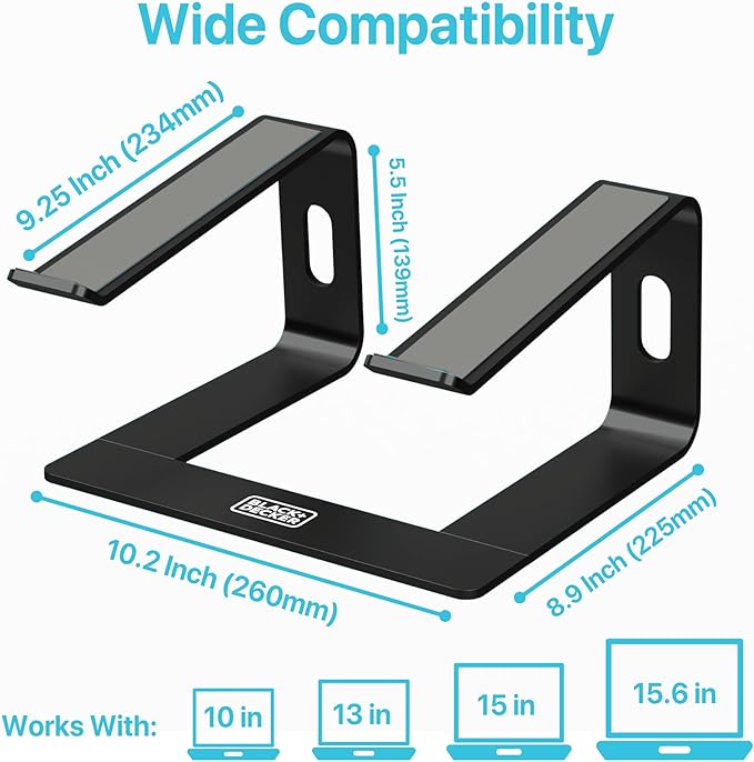 BLACK+DECKER Laptop Stand for Computer Desk, Ergonomic Laptop Stand for Desk, Lap top Riser Compatible with MacBook Notebook, Lap top Holder, Durable Aluminum Computer Riser Accessories, Black