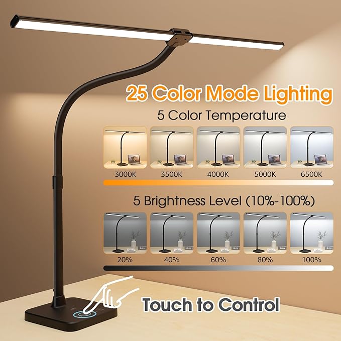 ShineTech LED Desk Lamp for Home Office, 24W Double Head Desk Light with Wireless Charging, USB Port, 25 Lighting Modes Adjustable Gooseneck Lamps