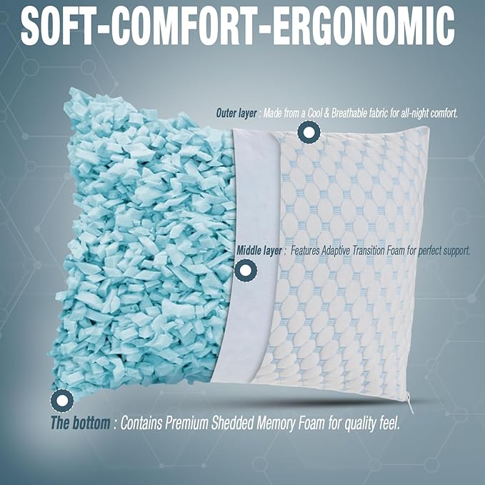 alkamto Cooling Shredded Memory Foam Pillow – Adjustable Gel for Personalized Support – Double-Sided Ice Silk & Soft Rayon – Lightweight, Compressible (White) (Queen)