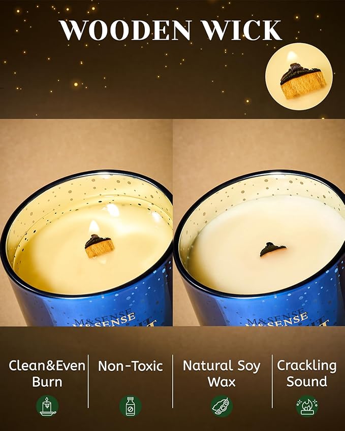 M&SENSE Startlight Snow Scent Wooden Wick Winter Candle 18oz Clean Non Toxic Natural Soy Wax 100 Hours Burn Time Aromatherapy Large Candle for Christmas Housewarming Gifts & Bathroom Bedroom