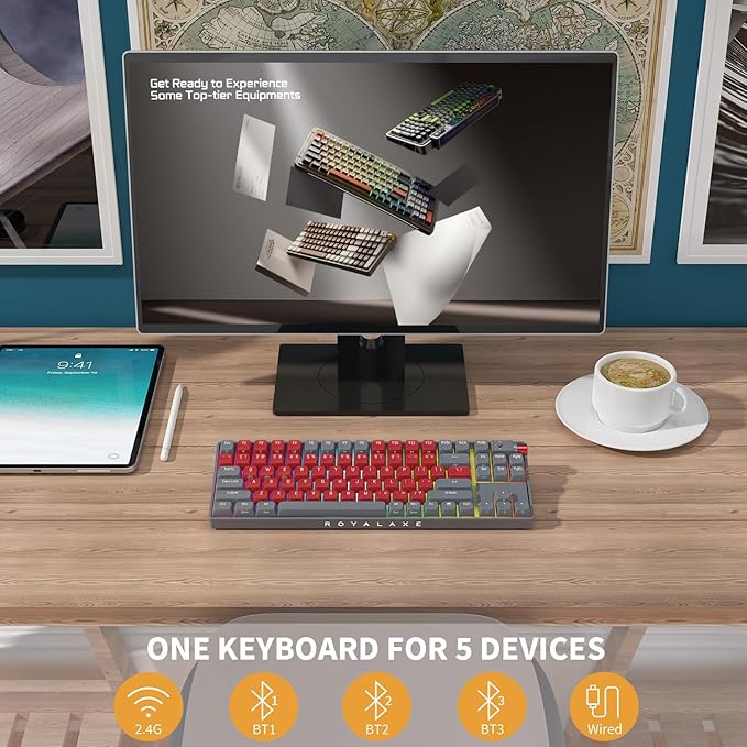 R87 Wireless Mechanical Keyboard, Hot Swappable Wired/2.4G Wireless/Bluetooth Keyboard with RGB Light for Windows & Mac, PBT Keycaps, G Pro 3.0 Yellow Switch, Night Crimson