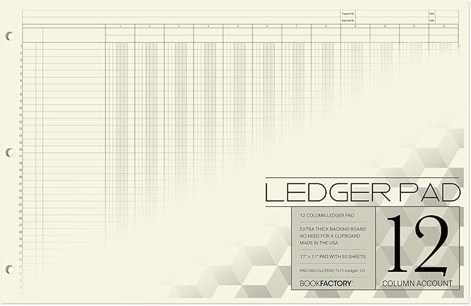 BookFactory Ledger Pad/Large 12 Column Accounting Ledger Columnar (Twelve Columns) Pads - 17'' x 11'', 50 Pages, Notepad Landscape Format (PAD-050-CLCPD3(17x11-Ledger-12)-AX)