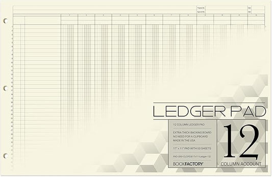 BookFactory Ledger Pad/Large 12 Column Accounting Ledger Columnar (Twelve Columns) Pads - 17'' x 11'', 50 Pages, Notepad Landscape Format (PAD-050-CLCPD3(17x11-Ledger-12)-AX)