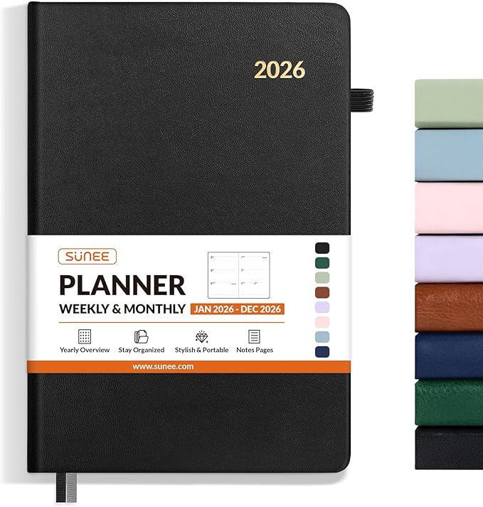 SUNEE 2026 Weekly & Monthly Hardcover Planner 5.5" x 8.3" - 12 Month (January 2026 - December 2026), Small Hardcover Planner, Pocket, Notes, 100 GSM Paper, Black