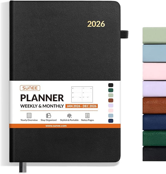 SUNEE 2026 Weekly & Monthly Hardcover Planner 5.5" x 8.3" - 12 Month (January 2026 - December 2026), Small Hardcover Planner, Pocket, Notes, 100 GSM Paper, Black