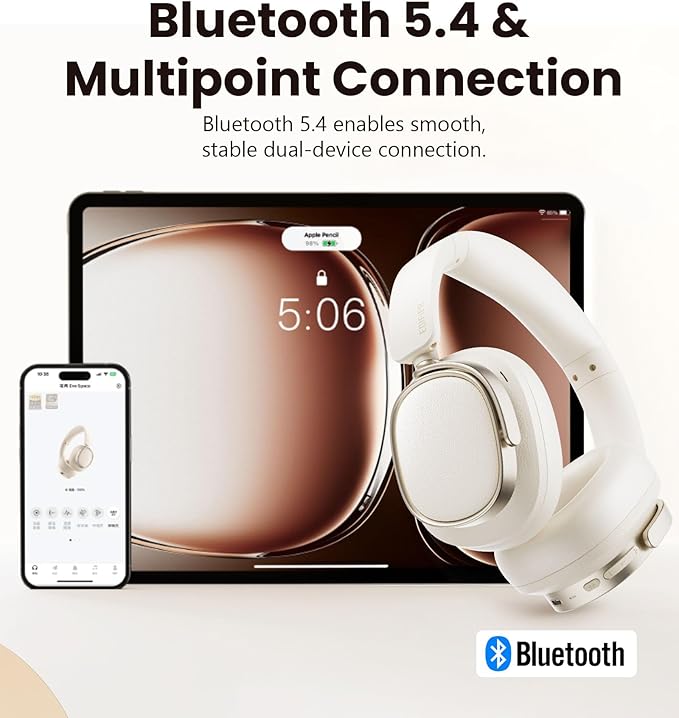 Edifier Active Noise Cancelling Headphones, Over Ear Bluetooth Headset, 92H Playtime Wired & Wireless Hi-Res Audio Certified, Fast Charging Clear Calls for Home Office Travel - Ivory