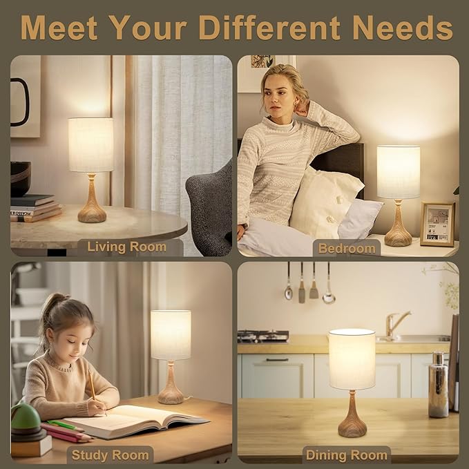 Dimmable Small Table Lamp, Bedside Lamps Touch Control for Bedrooms Nightstand with Wood Grain Base, Desk Lamp Night Light for Office Living Room, 9W 3000K LED Bulb Included