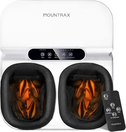 MOUNTRAX Foot Massager Machine with Heat, Foot Massager for Plantar Fasciitis, Neuropathy Pain, Shiatsu Foot Massager with Remote, Fits Feet Up to Men Size 12 (White)
