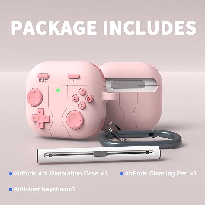 DamonLight Game Case for AirPods 4 Cover Shock-Proof Protective Silicone Case with Cleaning Pen and Keychain Accessories for Apple Airpods 4th Generation (Pink)