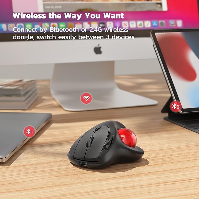 Nulea M501 Wireless Trackball Mouse, Rechargeable Ergonomic, Easy Thumb Control, Precise & Smooth Tracking, 3 Device Connection (Bluetooth or USB Receiver), Compatible for PC, Laptop, Mac, Windows.