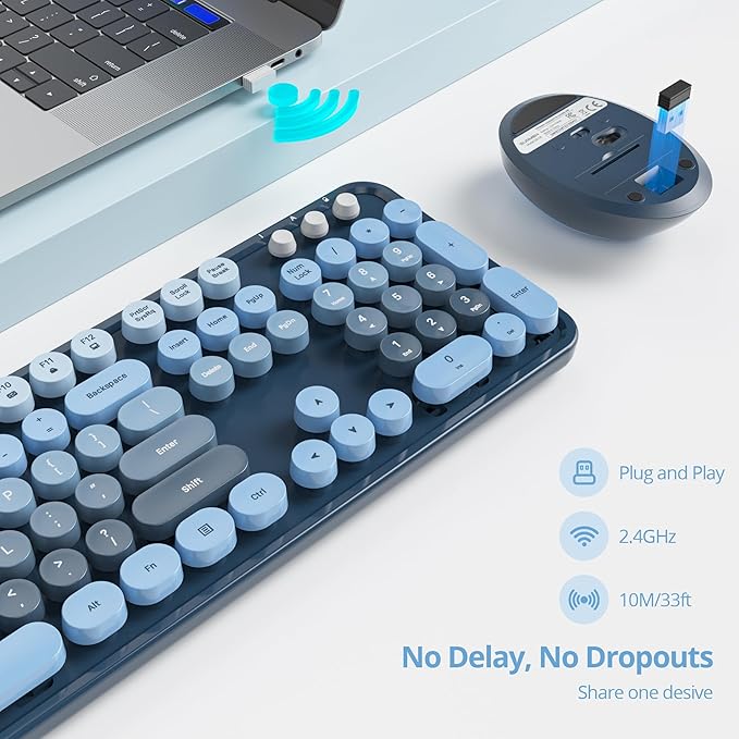 Guffercty kred Colorful Blue Wireless Keyboard and Mouse Combo, Retro Typewriter Wireless Full-Size Cute Office Keyboard 2.4GHz with Round Keycaps for Desktop Laptop and PC (Ocean Blue)