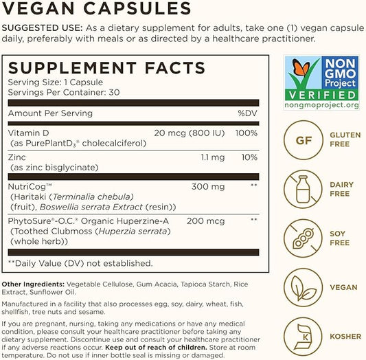 Solgar Memory Support Brain Dietary Supplement for Memory and Focus, Clinically Studied Nutricog, Vitamin D & Huperzine-A, Nootropic Brain Health Supplement, Healthy Aging Support, 30 Servings