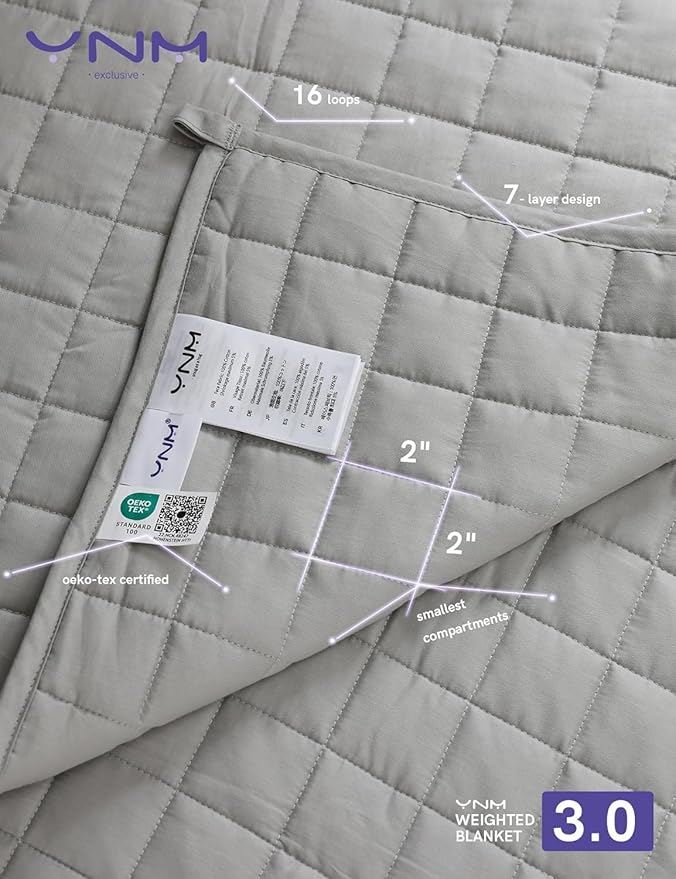 YnM Exclusive Weighted Blanket, Soothing Cotton, Smallest Compartments with Glass Beads, Bed Blanket for One Person of 140lbs, Ideal for Twin/Full Bed (48x72 Inches, 15 Pounds, Light Grey)