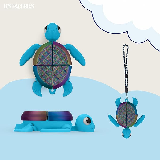 Distractible Turtle Fidget Toy, Articulating Design with Shell Clickers, Pocket-Sized & Durable, Sensory, Stress Relief, ADHD, Autism & Stim (Blue-NEON)