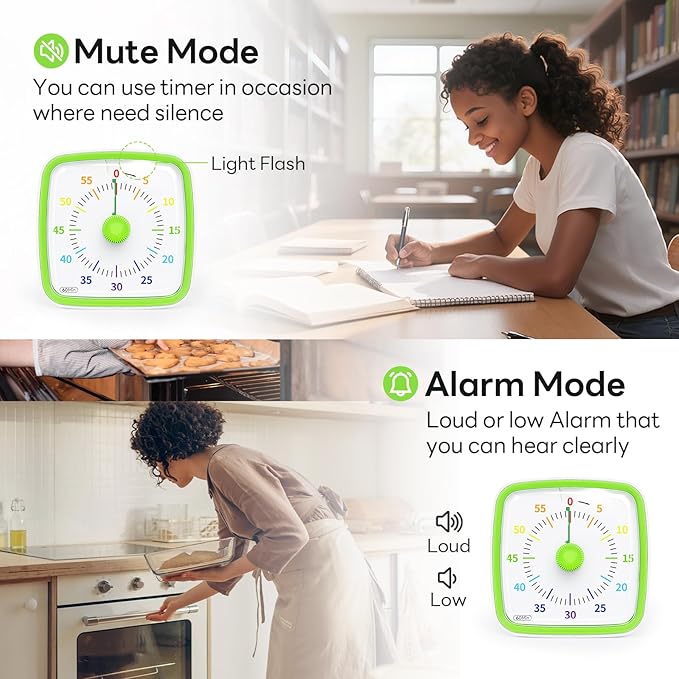 Yunbaoit Visual Timer with Night Light, 60-Minute Dinosaur Countdown Timer for Kids and Adults, Time Management Tool for Home, School, Kitchen, or Office (Green)