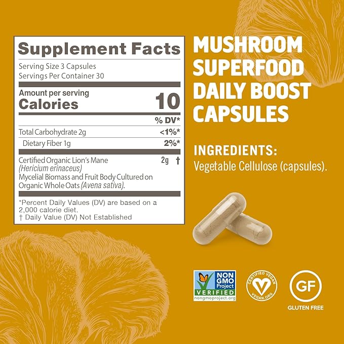 OM MUSHROOM SUPERFOOD Lion's Mane Mushroom Capsules Superfood Supplement, 90 Count, 30 Day Supply, Fruit Body and Mycelium Nootropic for Memory, Focus, Nerve Health and Immune Support