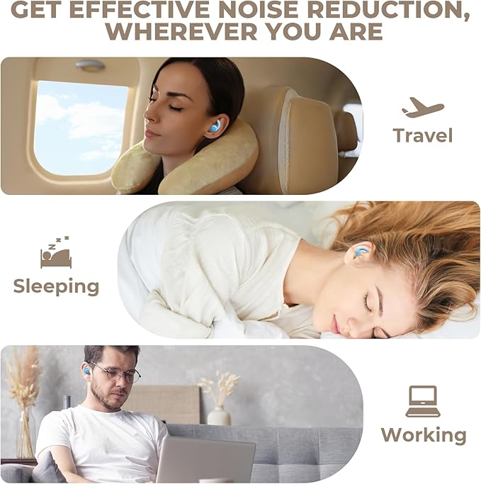 Ear Plugs for Sleeping: Reusable Earplugs for Sleep, Snoring Blocking, Concert, Travel, Airplane, 2 Pairs Washable Soft Silicone Noise Cancelling Ear Plugs (Light Blue)