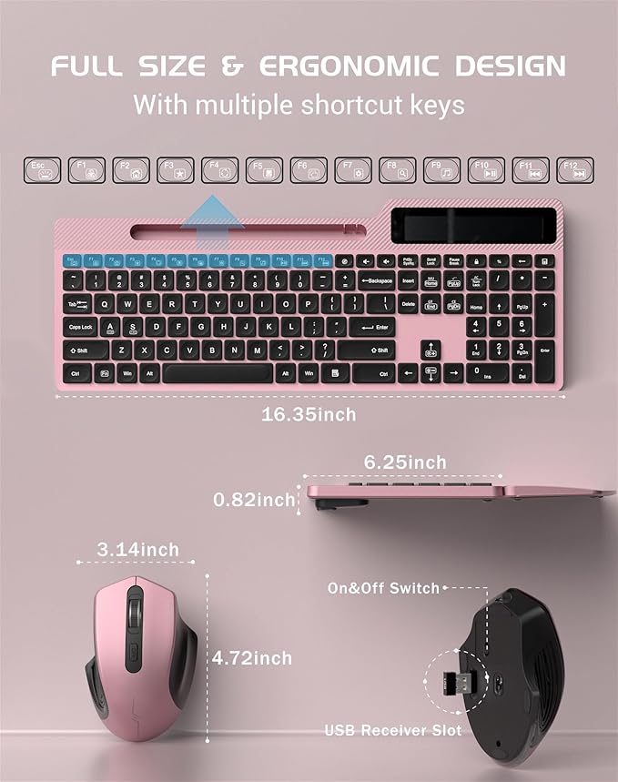 Wireless Keyboard Mouse Combo, Full Size Ergonomic Keyboard with Backlit, Wrist Rest, Calculator, Phone Holder, 2.4Ghz Silent Cordless Rechargeable Keyboard & Mouse for Laptop, PC (Pink Black)