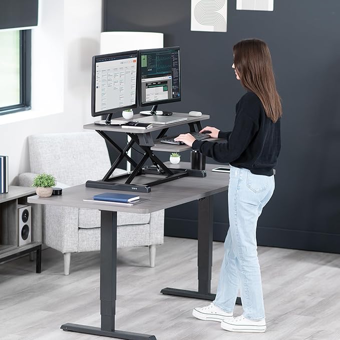 VIVO 36 inch Desk Converter, K Series, Height Adjustable Sit to Stand Riser, Dual Monitor and Laptop Workstation with Wide Keyboard Tray, Gray Top, Black Frame, DESK-V036KG