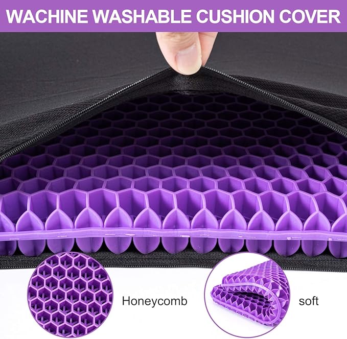 Gel Seat Cushion, for Long Sitting -Double Thick Gel Seat Cushion Breathable Honeycomb Chair Cushion with Non-Slip Cover for Office Chair Car, Wheelchair, Long Trips,Relief Sciatica Pain