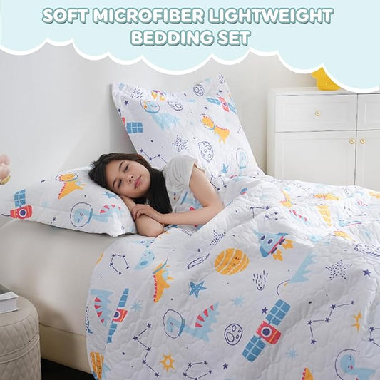 Cute Dinosaur Space Rocket Quilt Set for Boys Twin Size Kids Bedding Sets Lightweight Summer Bedspread Soft Microfiber Breathable Bed Comforter All-Season