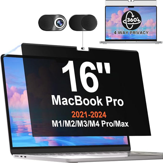 Magnetic 360° Privacy Screen for MacBook Pro 16 Inch (2021-2024, M1, M2, M3, M4, Pro, Max), Removable Anti Glare Blue Light Filter, 4 Way Anti Spy Black Protector for Mac Pro 16In Laptop Computer