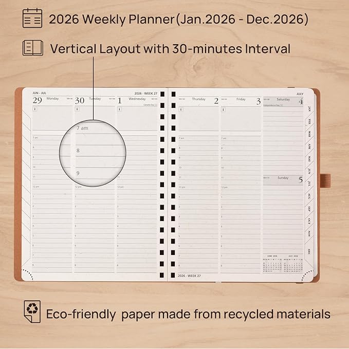 POPRUN 2026 Planner - 2026 Recycled Weekly Planner [Italian Regenrated Leather - Medium Size 6.5'' x 8.5''] - 2026 Weekly Planner with Hourly Schedule, Monthly Tabs,TJ-26-WERO7-BGY - Black Grey