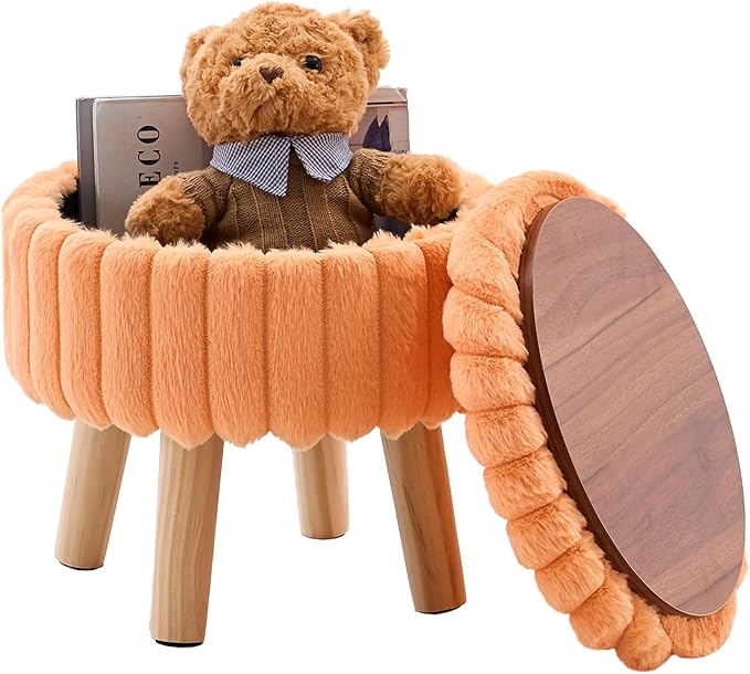 Wimarsbon Storage Ottoman,Soft Faux Fur Footstool with Padded Seat, Small Reading Vanity Chair, Footrest with Wood Tray for Couch, Mini Coffee Table or Display Stand (Orange, Round Storage)