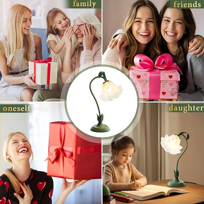 Cute Flower Table Lamp, Bedside Vintage Flower Lamp with LED Bulb, 3 Colors Temperature Flower Lamp for Bedroom Living Room Bedside Desk Reading Lighting Table Lamps Home Decoration (Green)