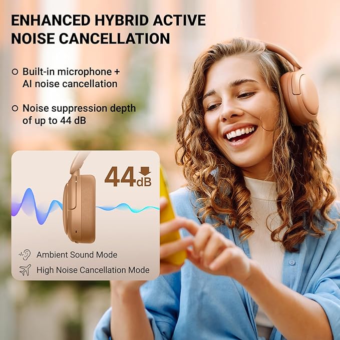 Edifier V80 Hybrid Active Noise Cancelling Headphones, True Wireless Over Ear Bluetooth Headset with 45H Playtime Hi-Res Audio Fast Charging Multipoint Connection for Travel Home Office (Brown)