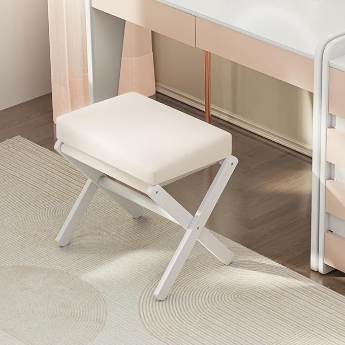 Foldable Foot Stool Ottoman, Modern Foot Rest with Bamboo X Legs & Thick Foam Cushion, Folding Foot Stools Small Padded for Bedroom Living Room, Makeup Vanity Stool Chair (White - White)