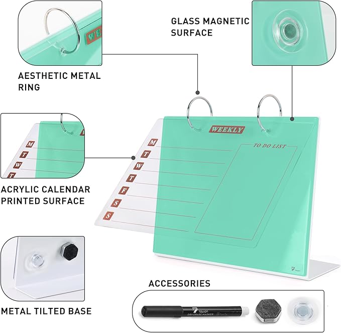 Desktop Glass Dry Erase & Acrylic Aesthetic Calendar Weekly to-do List Combo, Small Magnetic Standing Whiteboard, Desk Flip Easel Calendar with Accessories for Home Office Supply, Mint Green, 9 x 7''