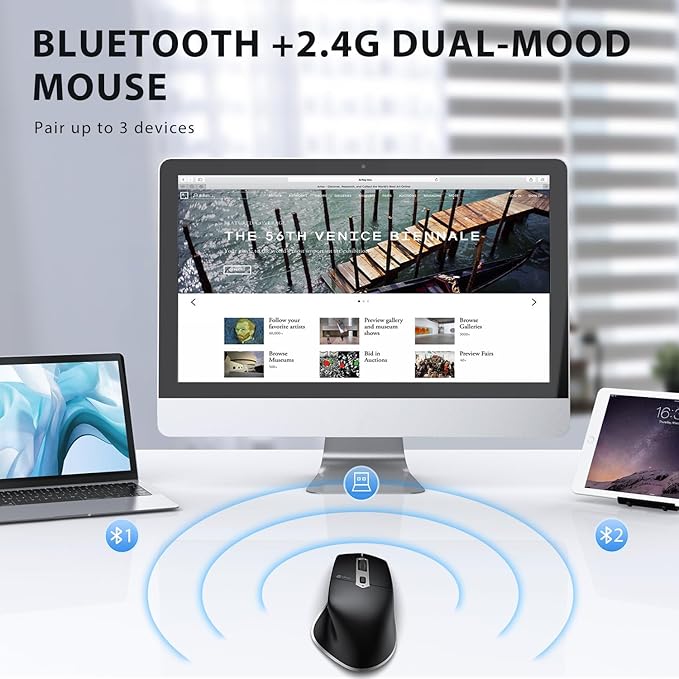 iClever Bluetooth Mouse, Wireless Large Mouse, Multi-Devices Dual Mode, Ergonomic Mice with 5 Adjustable DPI and 7 Buttons, Rechargeable Silent Mice for Laptop, iPad, MacBook, Tablet, PC, Black Grey