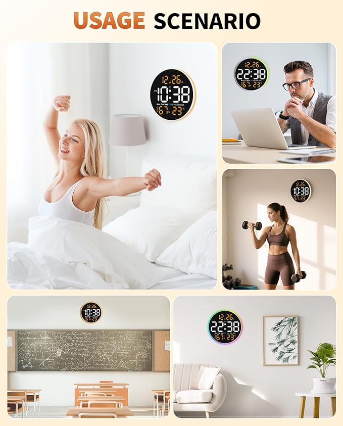 10 Inch Large Digital Wall Clock with 9 Color Changing Remote Control, Date Week Temperature, Auto Brightness Dimmer Big Clock Night Lights,Orange
