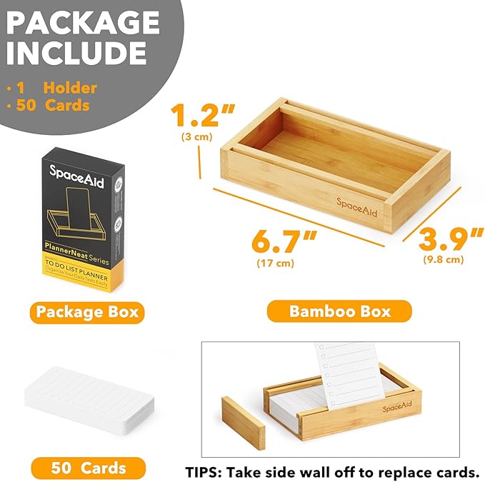 SpaceAid PlannerNeat To Do List Planner, Daily ToDo Checklist Notepad Organizer with Bamboo Holder, Productivity System Planners Notebook for Office Work Supplies (Bamboo, 50 Cards)
