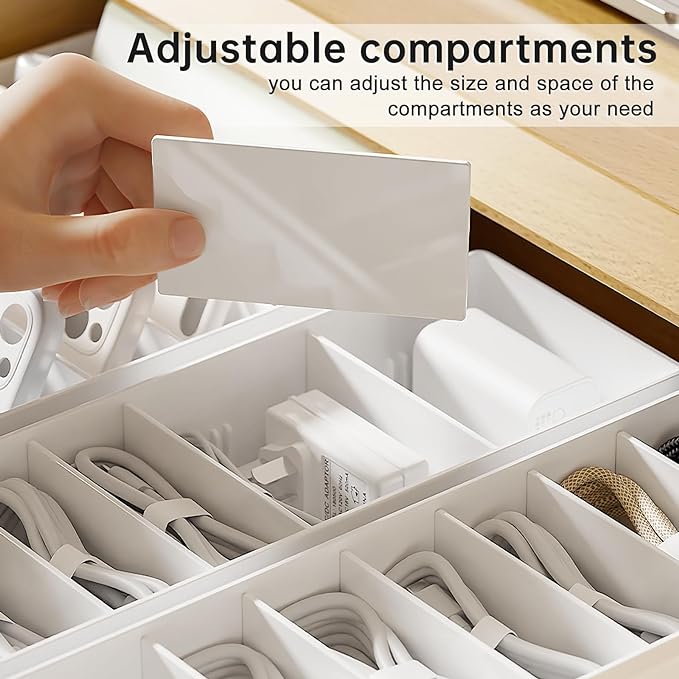 3 Pcs Cable Organizer Box with Wire Ties, Plastic Cord Charger Storage with 8 Compartments, Electronics Organizer for Home Office, Desk Drawer Stationery Stackable, White